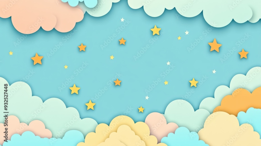 Paper Cutout Clouds and Stars on Blue Background Paper Cutout Clouds and Stars on Blue Background