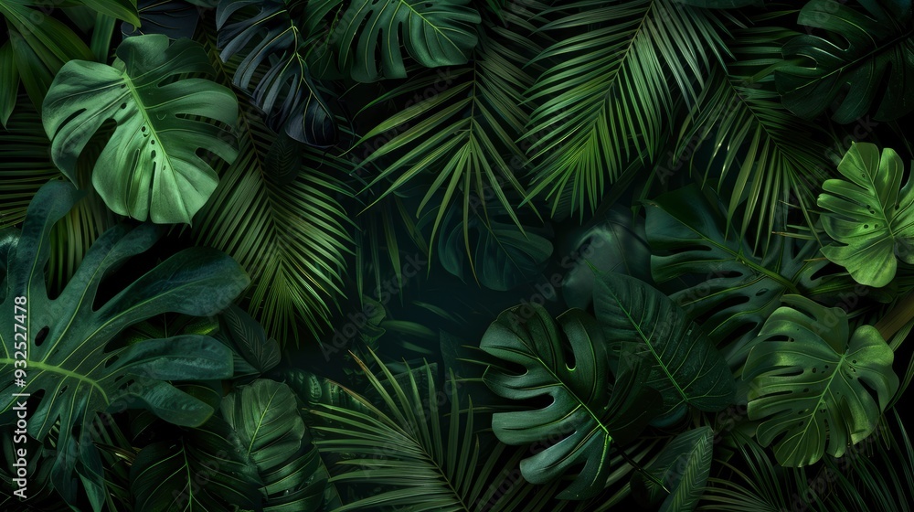 closeup nature view of green leaf and palms background. Flat lay, dark nature concept, tropical leaf, ai closeup nature view of green leaf and palms background. Flat lay, dark nature concept, tropical leaf, ai