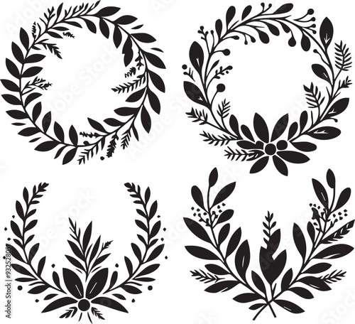 Wreaths and branches with leaves Black Vector Set,  Laurels wreaths, 