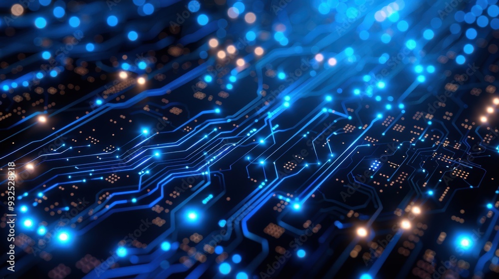 Craft an abstract background featuring a digital network circuit board with blue and black tones, glowing lights, and connecting data dots to illustrate big data technology Craft an abstract background featuring a digital network circuit board with blue and black tones, glowing lights, and connecting data dots to illustrate big data technology