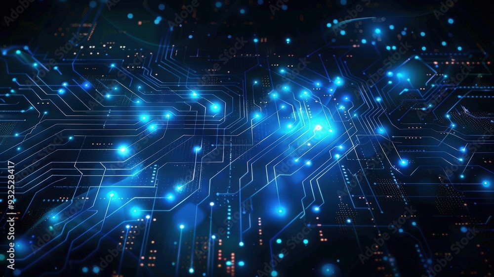 Produce an abstract digital network circuit board banner with blue glowing lights and data dots connected against a black background, symbolizing big data technology Produce an abstract digital network circuit board banner with blue glowing lights and data dots connected against a black background, symbolizing big data technology
