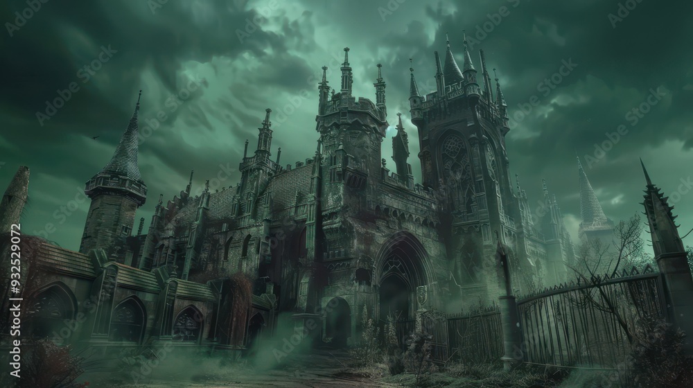 An eerie, desolate castle stands surrounded by fog and shadow, embodying a sense of abandonment and mystery in the twilight hours An eerie, desolate castle stands surrounded by fog and shadow, embodying a sense of abandonment and mystery in the twilight hours