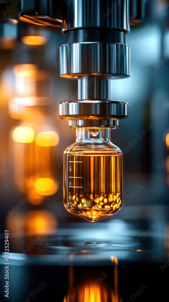 A bottle of liquid is being poured into a glass container. The bottle is labeled with a number and a letter A bottle of liquid is being poured into a glass container. The bottle is labeled with a number and a letter