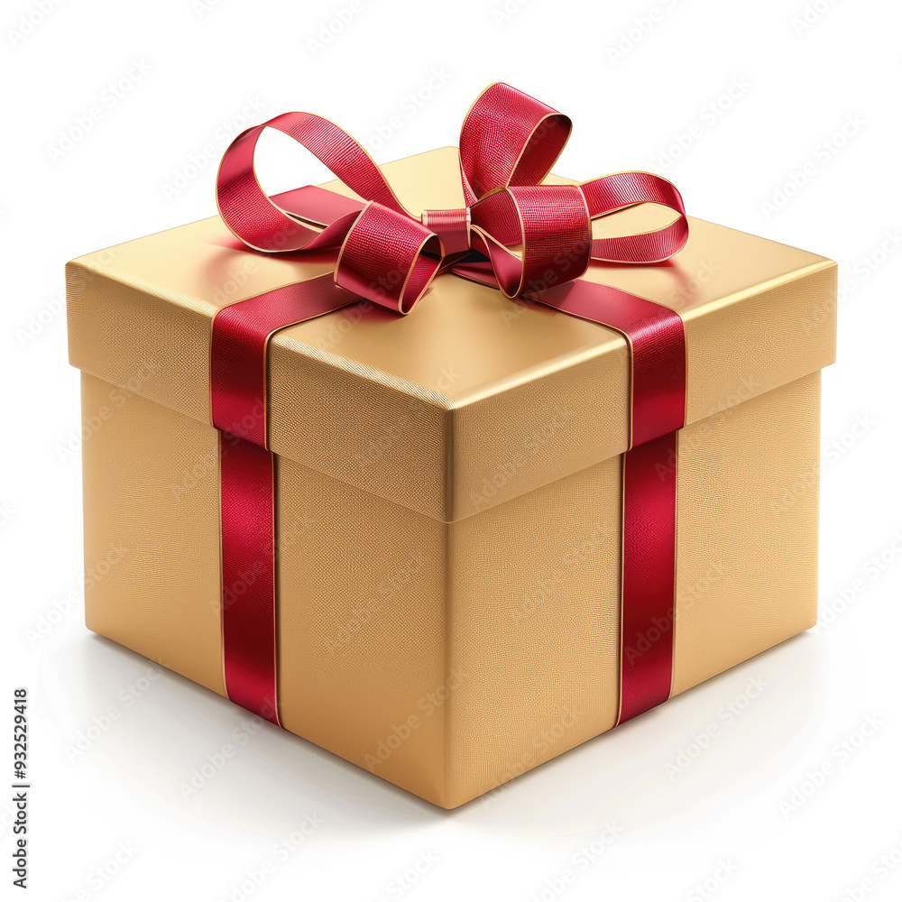 Obraz premium A gold gift box with a red ribbon tied around it isolated white background, cartoon 