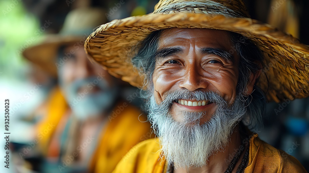 Close-up portrait of a smiling elderly Asian man wearing a straw hat. Close-up portrait of a smiling elderly Asian man wearing a straw hat.