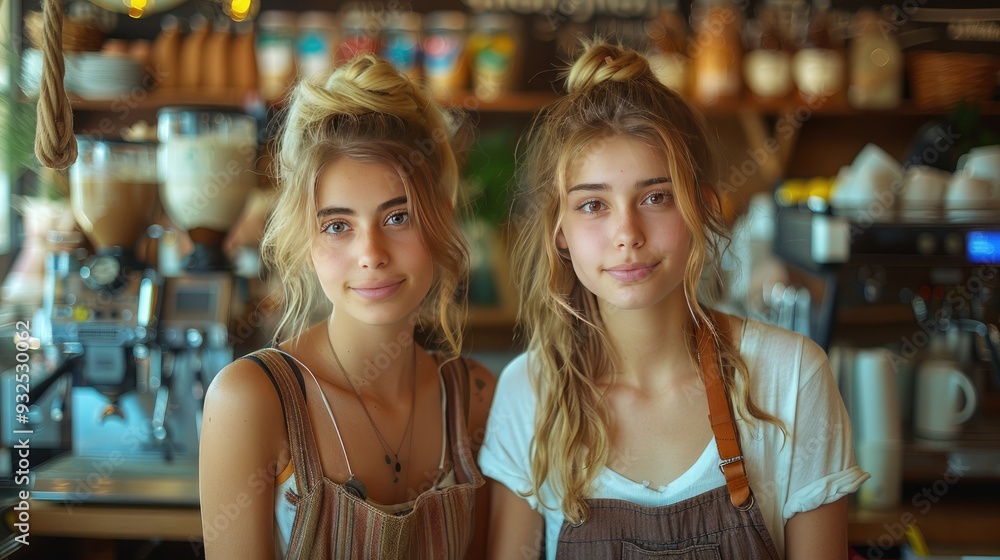 two young baristas working in coffee shop standing by counter preparing coffe in machine university students working part time in cafe two young baristas working in coffee shop standing by counter preparing coffe in machine university students working part time in cafe