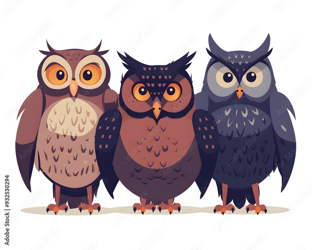 Three Wise Owls: A trio of wise owls with expressive eyes, each with unique feather patterns, stands together against a white background. Their serious expressions and thoughtful gaze conveys wisdo Three Wise Owls: A trio of wise owls with expressive eyes, each with unique feather patterns, stands together against a white background. Their serious expressions and thoughtful gaze conveys wisdo