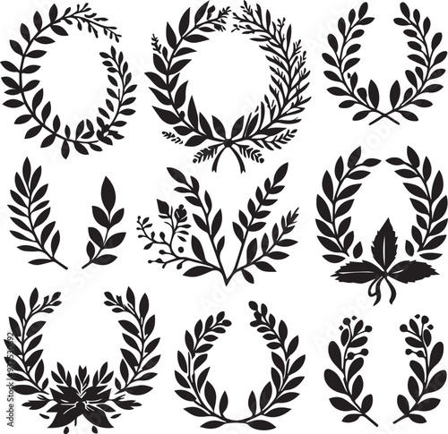 Wreaths and branches with leaves Black Vector Set,  Laurels wreaths, 