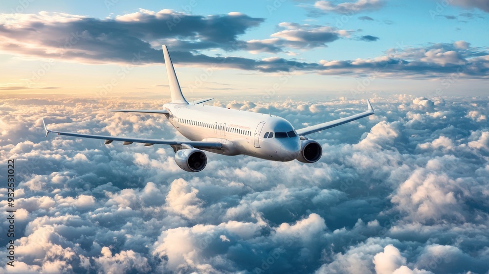 Obraz premium White passenger airplane flying in the sky amazing clouds in the background - Travel by air transport