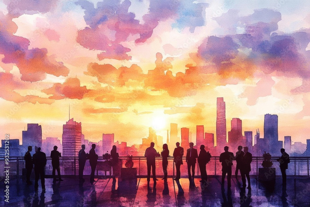 Silhouetted figures against a vibrant sunset cityscape, creating a striking contrast of colors for a captivating urban scene. Silhouetted figures against a vibrant sunset cityscape, creating a striking contrast of colors for a captivating urban scene.