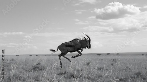 Black and white wildlife image of an antelope leaping across the savannah photo