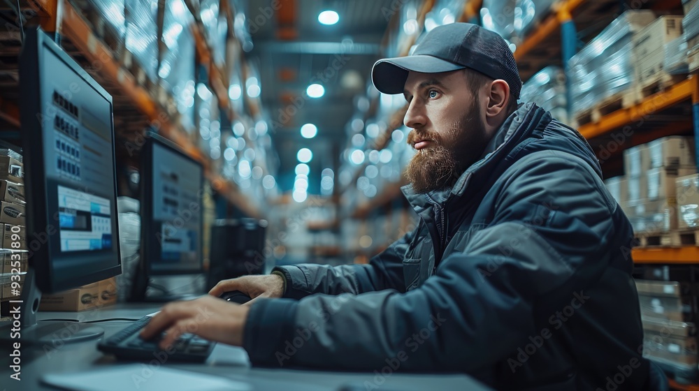 warehouseman checking delivery stock in warehouse on computer pc warehouse manager using warehouse management software with scanner warehouseman checking delivery stock in warehouse on computer pc warehouse manager using warehouse management software with scanner