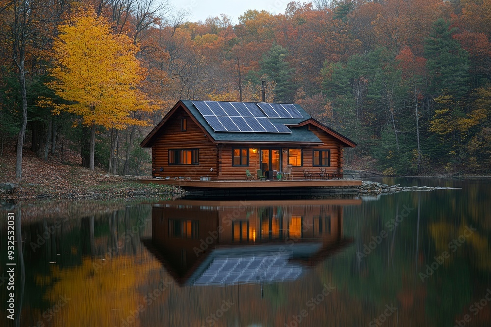 A Log Cabin with Solar Panels Reflecting in a Lake Surrounded by Fall Foliage A Log Cabin with Solar Panels Reflecting in a Lake Surrounded by Fall Foliage