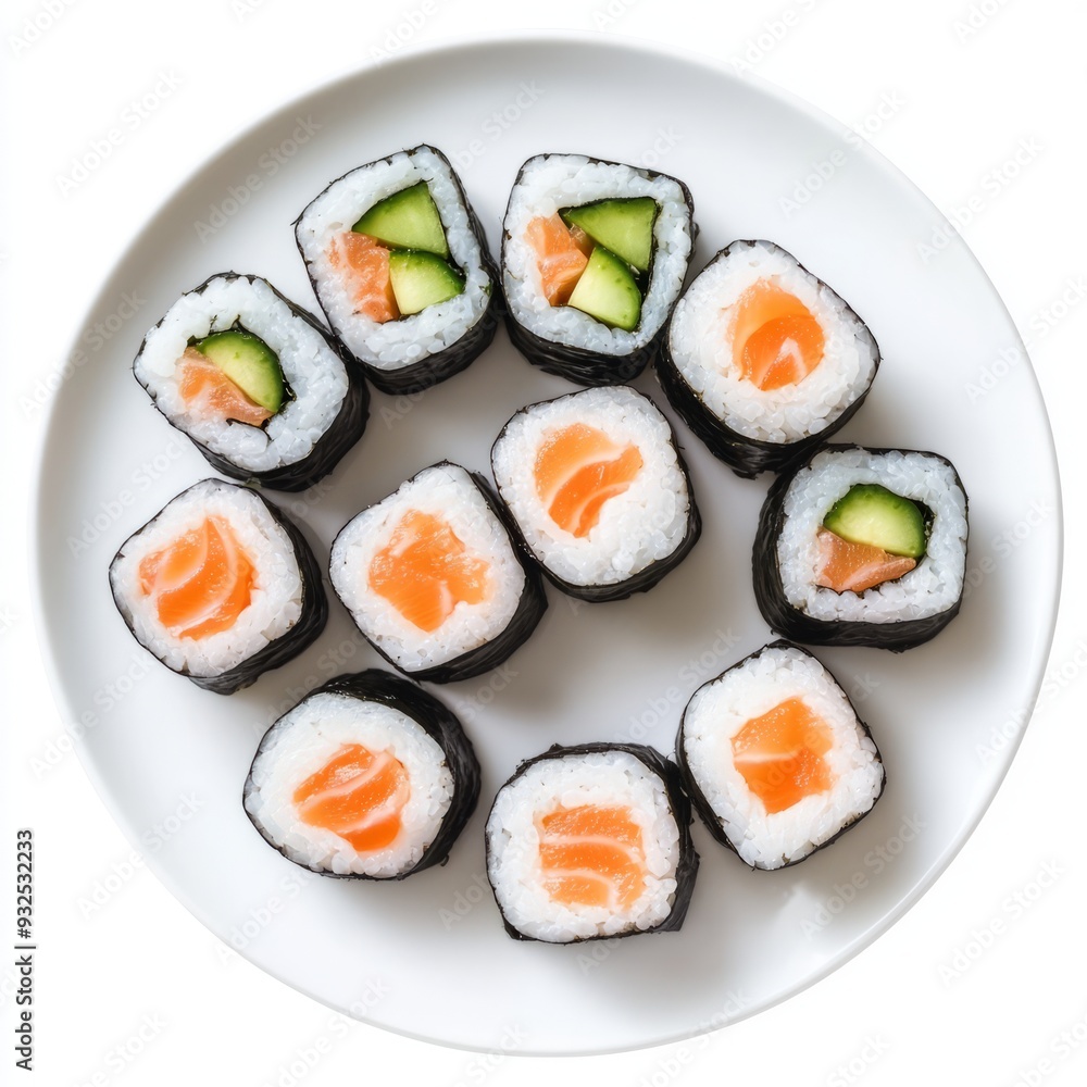 Close up of plate with sushi rolls on an isolated white background Close up of plate with sushi rolls on an isolated white background