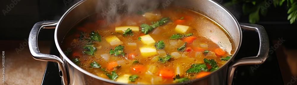 Stock pot, slow-simmering soup with vibrant vegetables, warm tones, steam gently rising, homely kitchen environment Stock pot, slow-simmering soup with vibrant vegetables, warm tones, steam gently rising, homely kitchen environment
