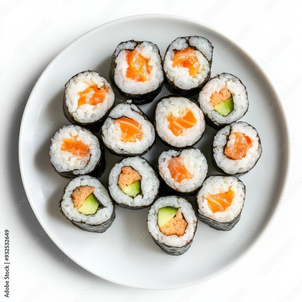 Close up of plate with sushi rolls on an isolated white background Close up of plate with sushi rolls on an isolated white background