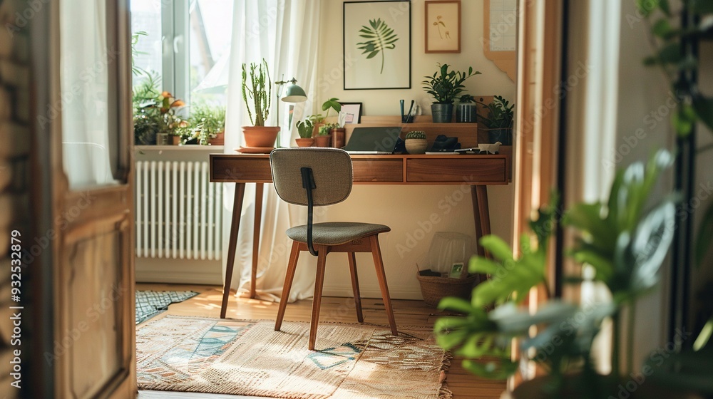 Empty chair at a wooden desk with plants and sunlight in a room Empty chair at a wooden desk with plants and sunlight in a room
