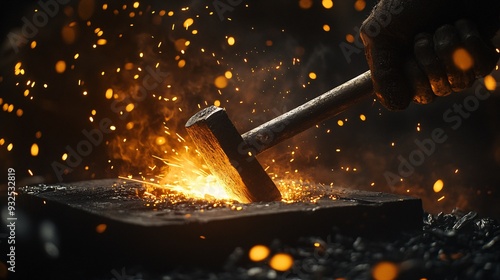 A powerful Labor Day image showcasing a blacksmiths forge, with glowing hot metal being shaped on an anvil. Sparks fly as the metal is struck by a hammer, creating a dramatic and energetic scene. The