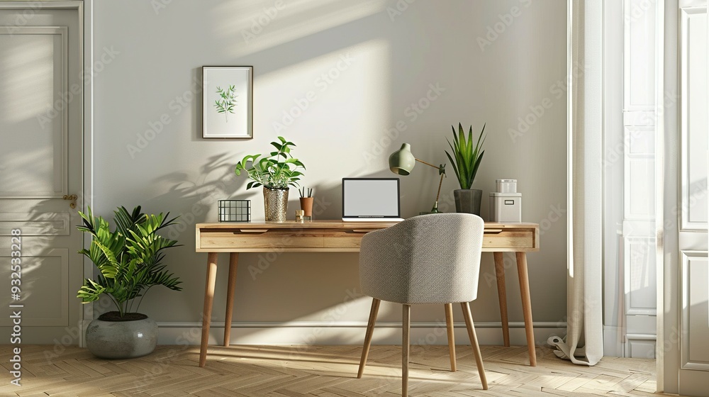 Modern Home Office Desk with Laptop, Plants, and a Chair Modern Home Office Desk with Laptop, Plants, and a Chair