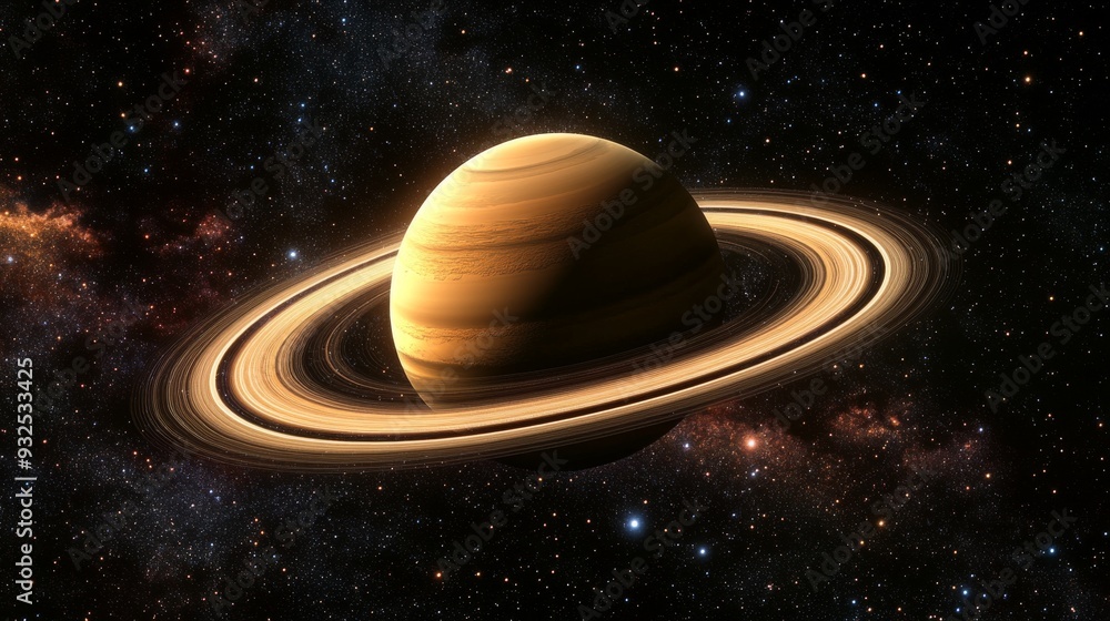 Fototapeta premium Saturn, a pale gold-colored planet with a smooth, cloud-covered surface. The intricate ring structure casts soft shadows against a dark space background.