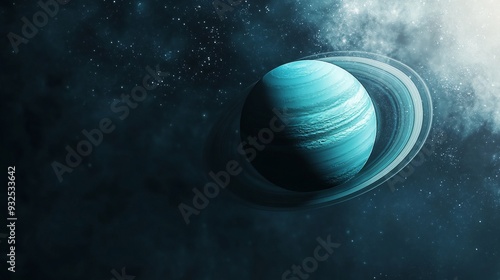 Uranus. The planet's pale blue and blue-green color with its smooth, cloudless appearance. The planet's axis is tilted and its ring system is faintly visible against a dark space background.