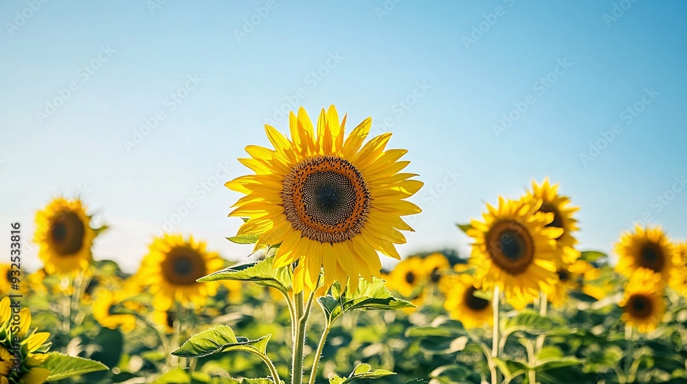 Fototapeta premium A sunflower field in full bloom, with tall, golden sunflowers standing proudly under a clear blue sky. The sunflowers are heavy with seeds, ready for harvest, and the field seems to stretch endlessly