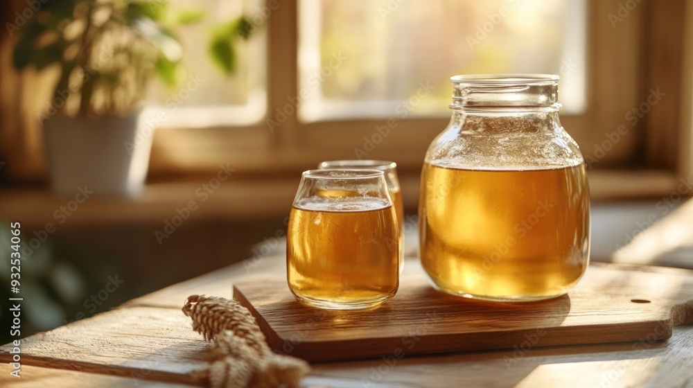 Glass pitcher and glasses of golden liquid on a wooden board Glass pitcher and glasses of golden liquid on a wooden board