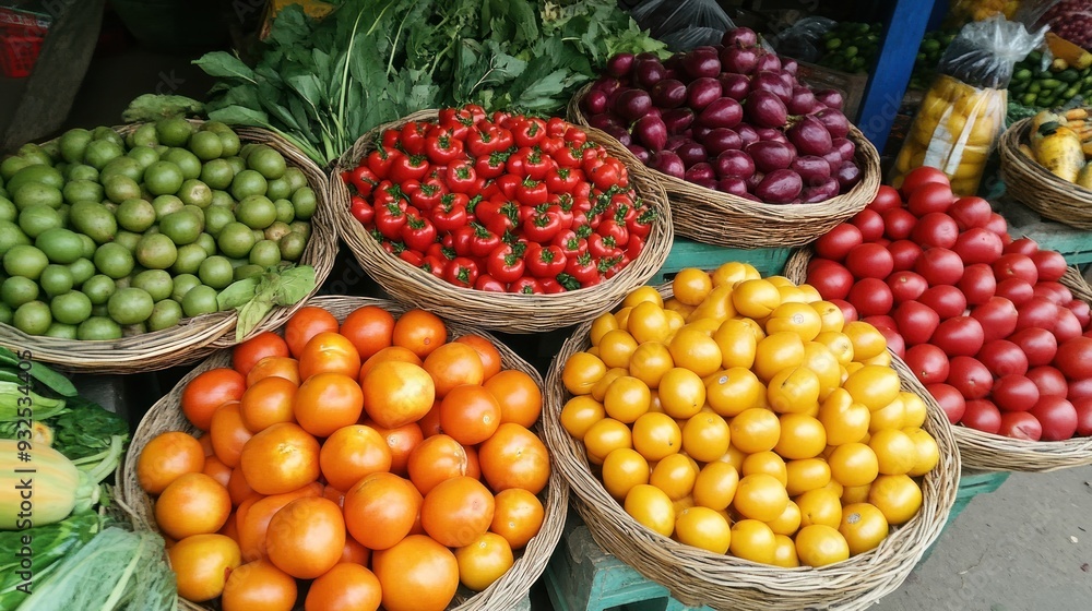 A Variety of Fresh Fruits and Vegetables in Baskets at a Market Stall A Variety of Fresh Fruits and Vegetables in Baskets at a Market Stall