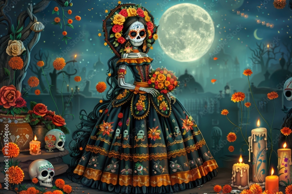 Skeletal figure in ornate Mexican dress for Day of the Dead, surrounded by marigolds, candles, and skulls in a moonlit cemetery setting. ai