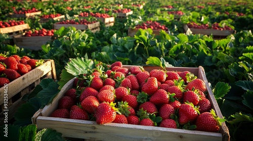 A vibrant strawberry field at the peak of harvest season, with rows of plants heavy with ripe, red strawberries. Wooden crates filled with freshly picked strawberries are scattered throughout the