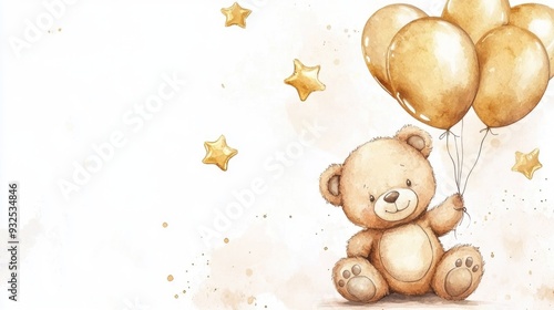 Adorable cartoon teddy bear accompanied by golden foil balloons on strings Hand painted watercolor illustration suitable for baby celebrations designers and prints