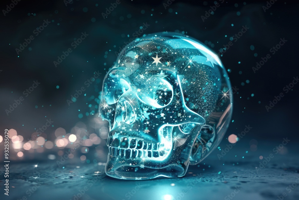 Glass skull glowing with stars and cosmic elements, set against a dark background, offering a celestial and mystical Day of the Dead theme. ai Glass skull glowing with stars and cosmic elements, set against a dark background, offering a celestial and mystical Day of the Dead theme. ai