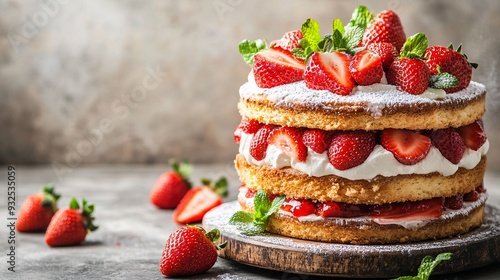 A vibrant strawberry shortcake with layers of fluffy sponge, fresh strawberries, and whipped cream. The cake is topped with a generous layer of strawberries and a dusting of powdered sugar, adding a