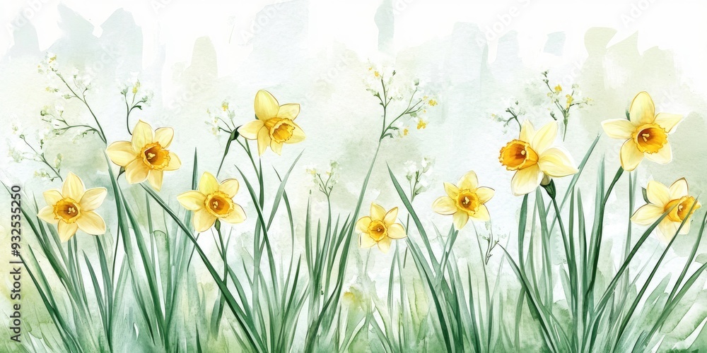 Fototapeta premium Daffodils green grass and pussy willow against a white floral background Watercolor invitation card template suitable for weddings holidays or birthday greetings