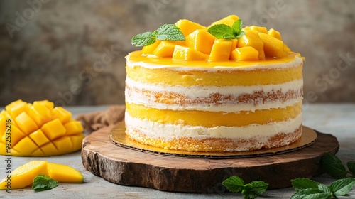 A vibrant mango mousse cake with layers of soft sponge and a creamy mango mousse filling. The cake is topped with a glossy mango glaze and a few slices of fresh mango, adding a burst of color and a