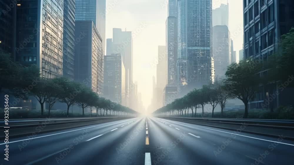 Empty highway stretches between towering skyscrapers in misty morning light. Symmetrical urban canyon creates sense of vastness and solitude. Soft illumination adds dreamlike quality to scene. Empty highway stretches between towering skyscrapers in misty morning light. Symmetrical urban canyon creates sense of vastness and solitude. Soft illumination adds dreamlike quality to scene.