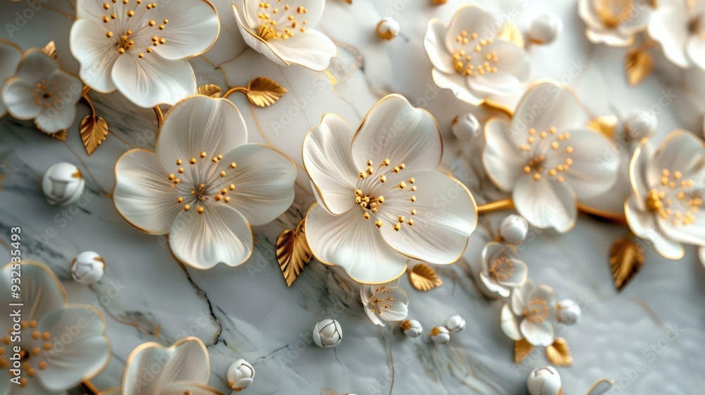 Golden Petals on Marble: Elegant 3D Wall Art with White Flowers, Perfect for Home Decor and Wallpaper Golden Petals on Marble: Elegant 3D Wall Art with White Flowers, Perfect for Home Decor and Wallpaper