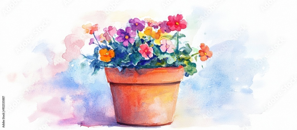 A watercolor illustration of a pot filled with flowers created by hand on paper A watercolor illustration of a pot filled with flowers created by hand on paper