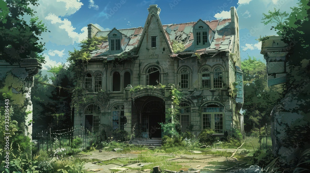 An overgrown mansion stands in a state of decay, surrounded by dense foliage and framed by a clear blue sky, creating a haunting ambiance An overgrown mansion stands in a state of decay, surrounded by dense foliage and framed by a clear blue sky, creating a haunting ambiance