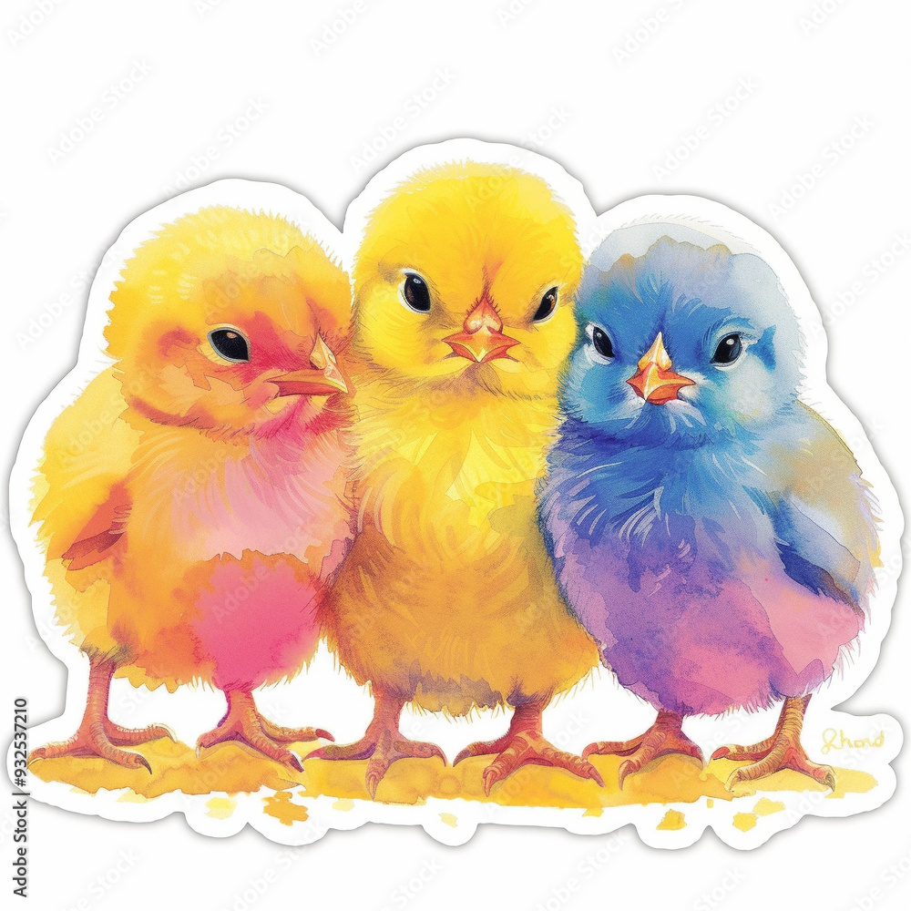 Fototapeta premium chicks birds yellow chick blue chick pink chick colorful birds cute chicks baby birds animal trio fluffy chicks easter springtime fluffy animals vibrant colors
