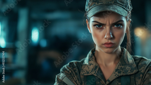 White female soldier, copy space, angry