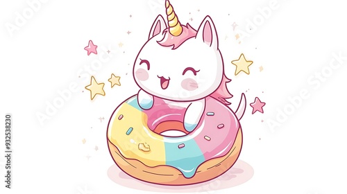 Cute cartoon unicorn holding a donut with pink, blue, yellow icing.