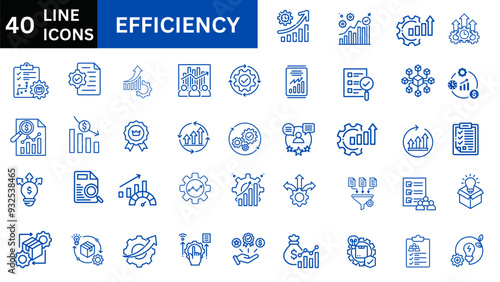 Efficiency icon collection set. Containing productivity, optimization, resource utilization, effectiveness, streamlining, lean processes, time management, cost icon. Simple line vector.