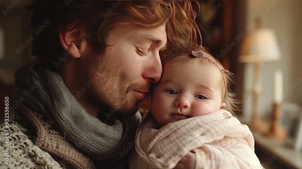 close up of young parents holding,kissing their newborn baby indoors at home