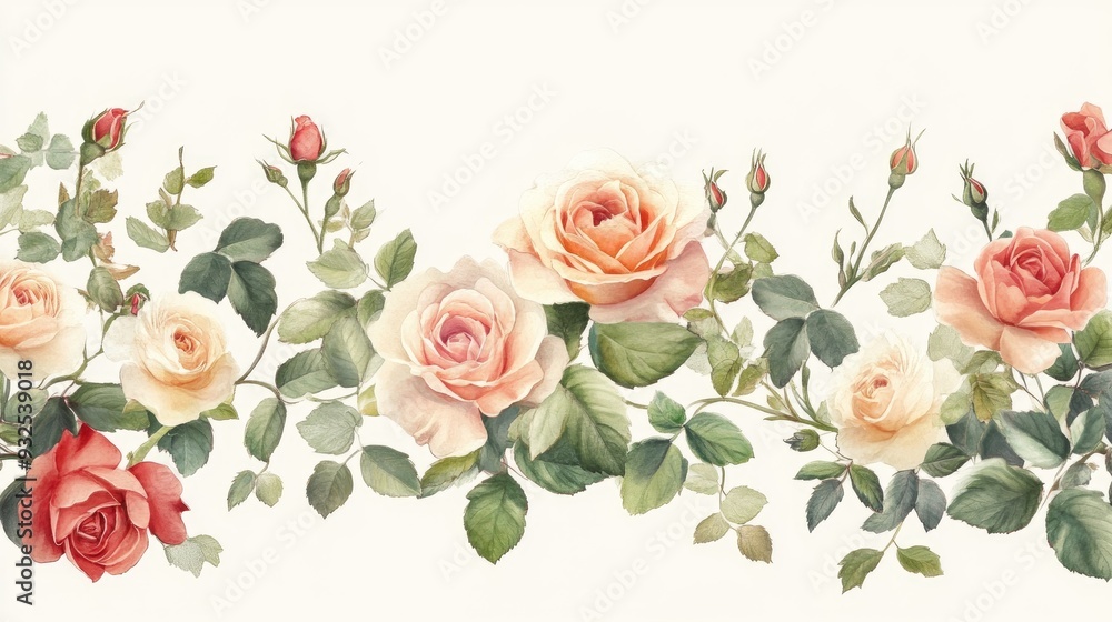 Naklejka premium Charming floral border featuring watercolor roses