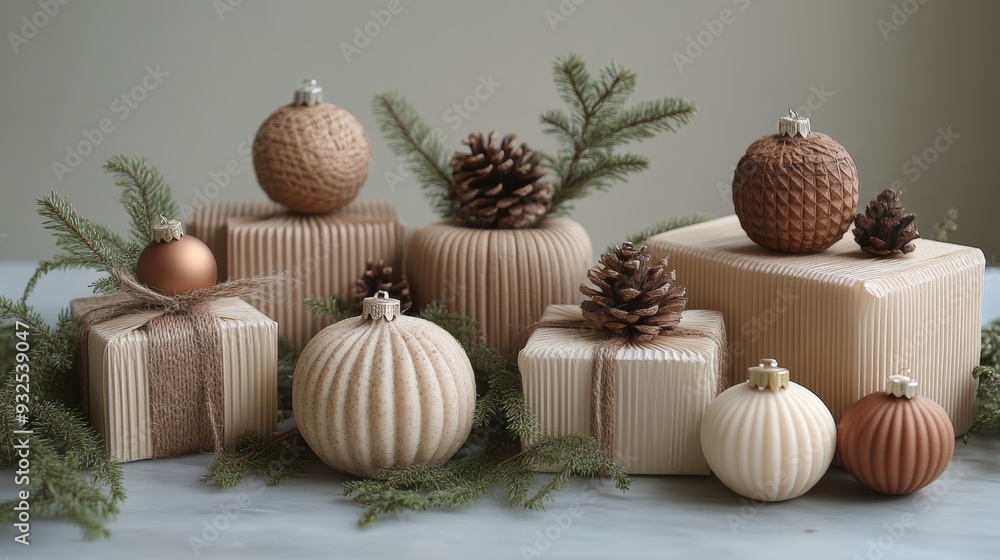 Sustainably decorated gift boxes with natural materials such as woven fibers, wooden embellishments, and eco-friendly wrapping paper Sustainably decorated gift boxes with natural materials such as woven fibers, wooden embellishments, and eco-friendly wrapping paper