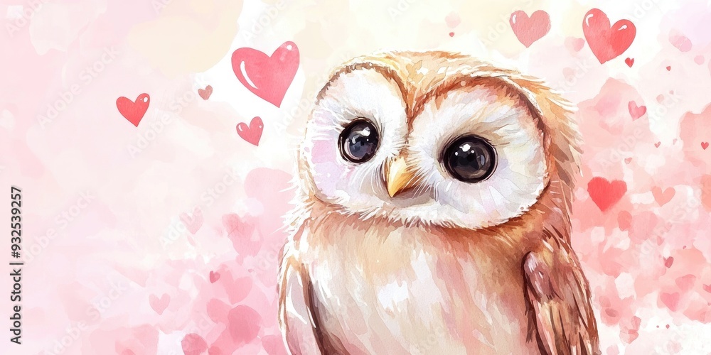 Obraz premium Adorable owl illustration in watercolor style Romantic card design for Valentine s Day Heartfelt backdrop