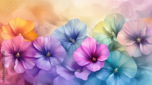 Colorful arrangement of mallow flowers in a summer theme Vibrant watercolor hues perfect for greeting cards and invitations