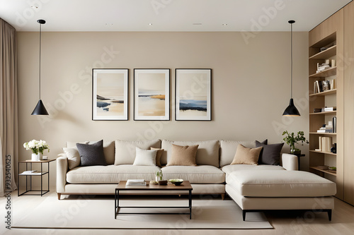 modern living room with fireplace, modern beige living room