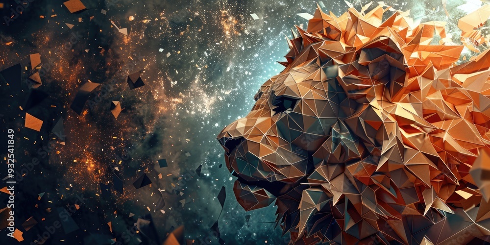 Obraz premium 3D Paper Sculpture of a Lion Encircled by a Universe of Data and Creative Power